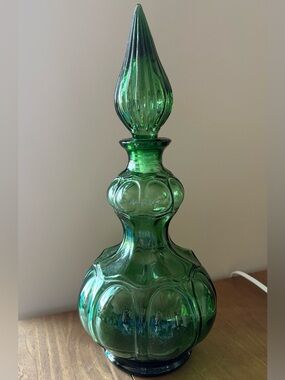 Vintage Empoli Green Glass Corset Genie Bottle Decanter with Stopper 14”